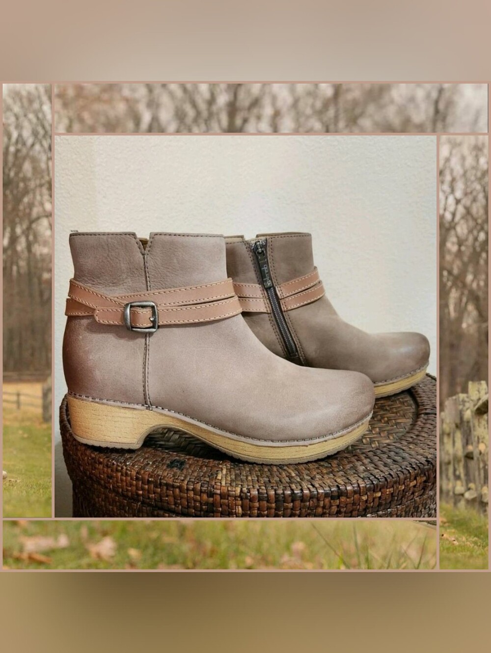 Taupe Dansko Brook Clog Boots Burnished Strap Buckle Side Zip Ankle Cottage Boho